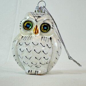 Vintage Blown Glass  White Owl Kurt Adler Christmas Ornament Green Eyes 3"